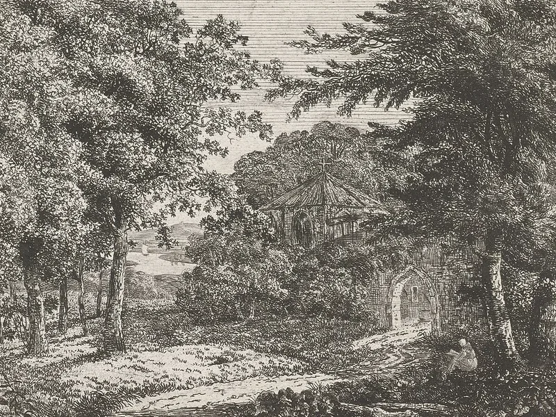 1772-Adriaan Jacob Willem van Dielen - Paesaggio con cappella tra gli alberi e monaco intento a leggere